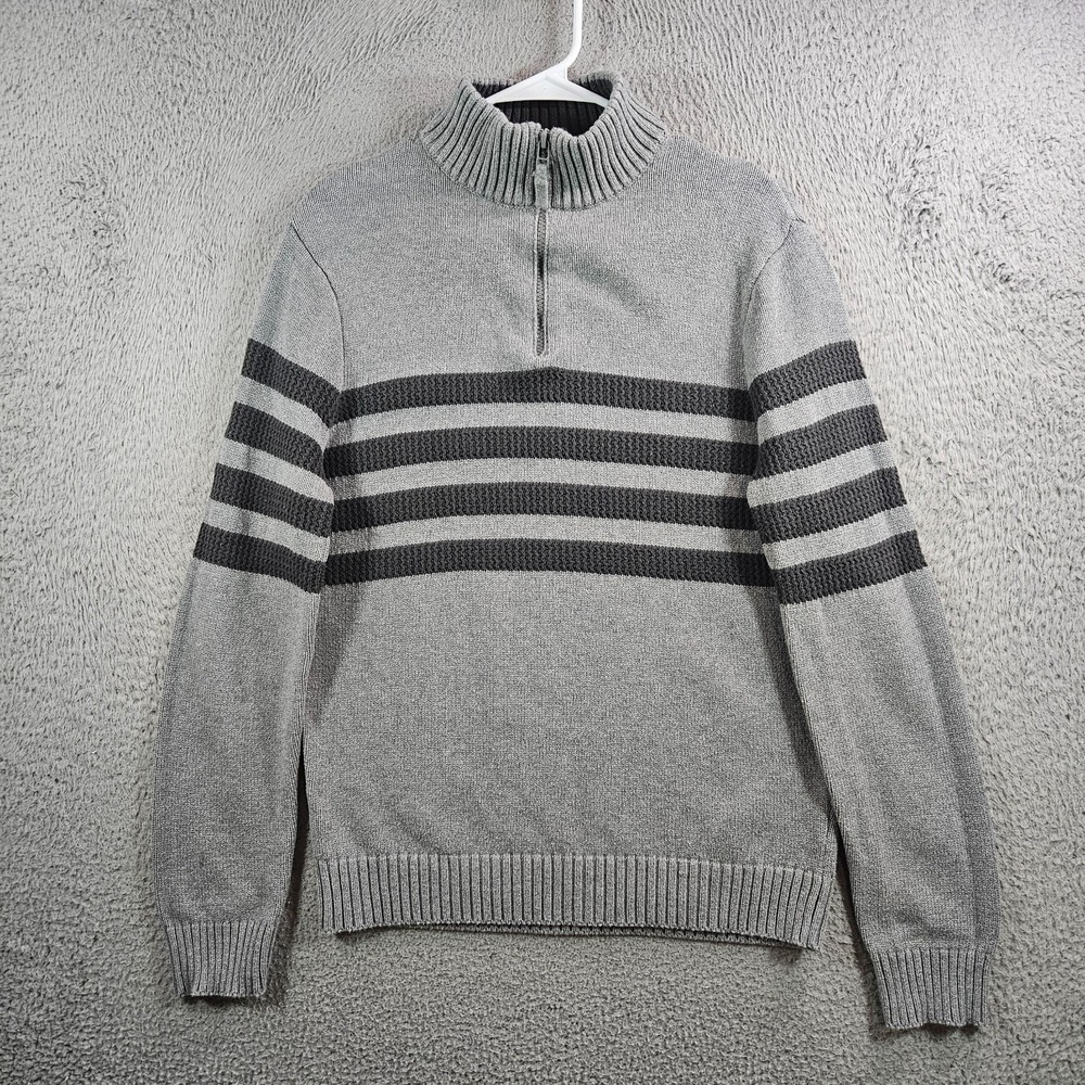 Tahari Sweater Men medium 1/4 Zip Stretch Knit Gray‎ Striped